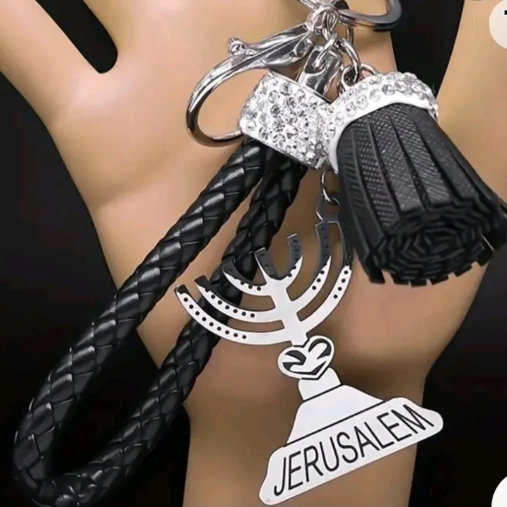 UNIQUE LEATHER RHINESTONE KEYCHAIN JERUSALEM CANDLE MENORAH JEWISH PENDANTS